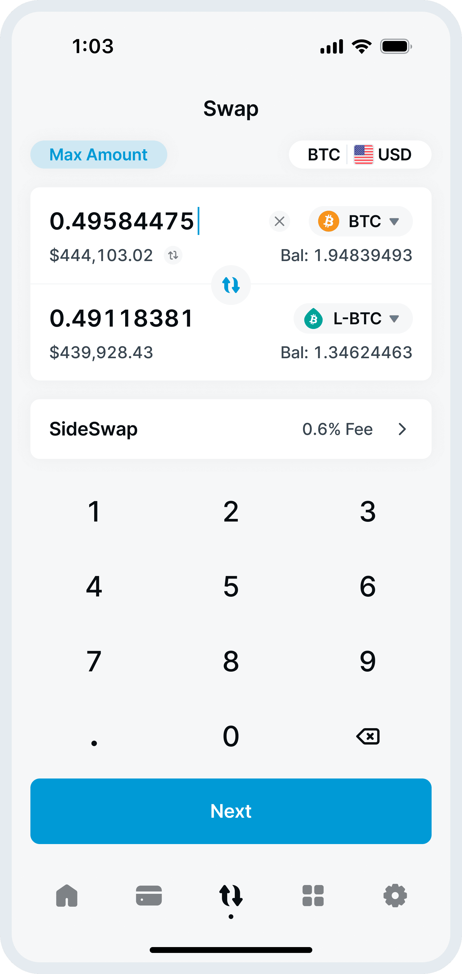 Mobile device showing the AQUA app swap screen